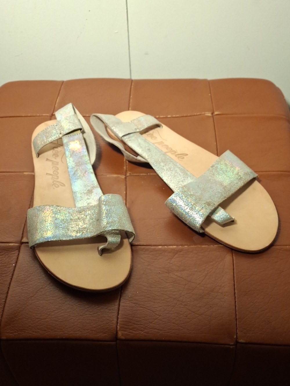 Free People Sparkle T‑Strap Flat Sandals in Iridescent Silver